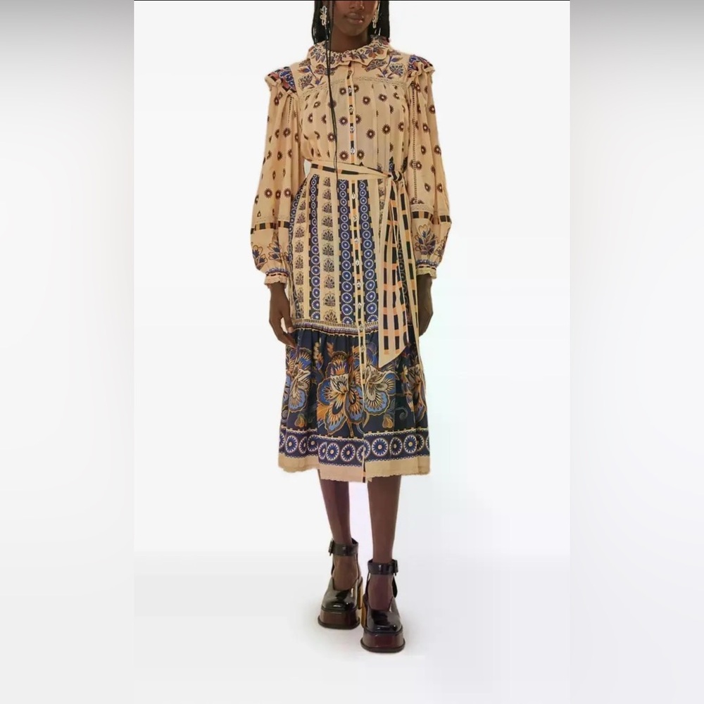 FARM Rio Beige and Navy Printed Midi Dress